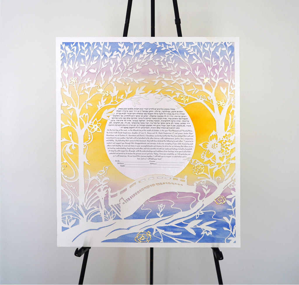Ecosystem of Love Rainforest Bridge - Papercut Ketubah featuring sunset background