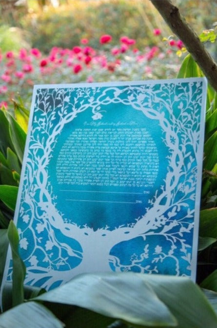 Tree of Life with Watercolor background - Silver Papercut Ketubah