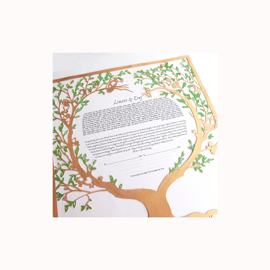 Custom Painted Heartshaped Tree of Life with Rose Gold Base and Green Painted Leaves - Papercut Ketubah