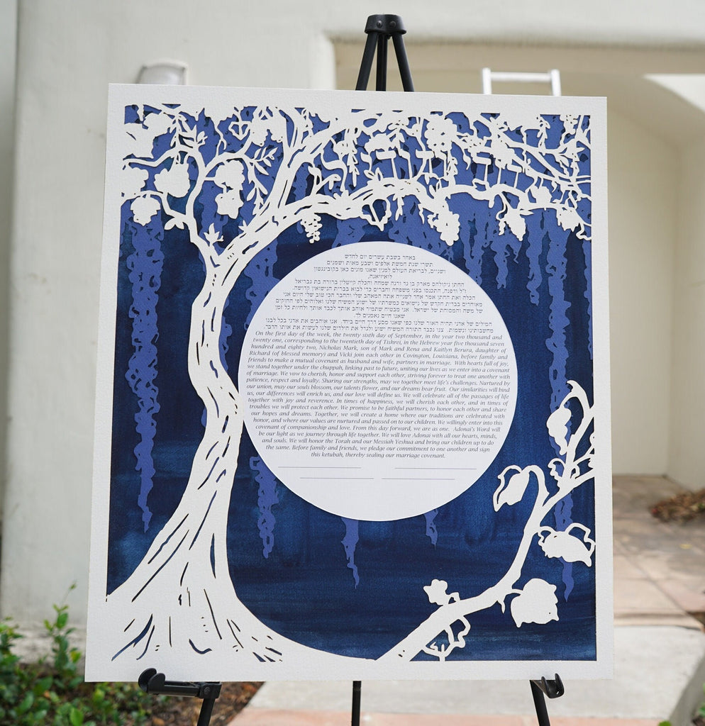 Vineyard Tree of Life Deep Blues Version - Triple-Layered Papercut Ketubah